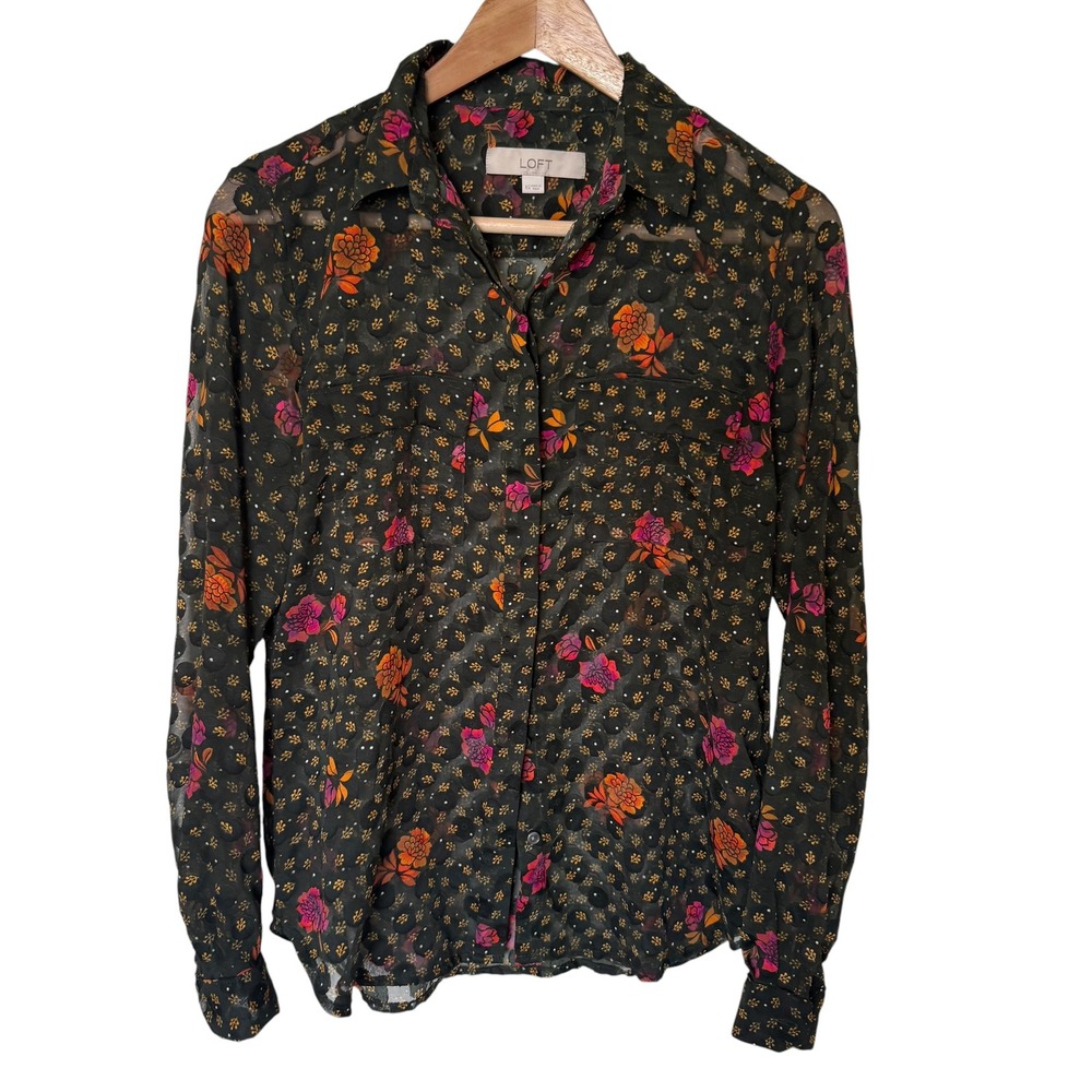 LOFT Floral Blouse Womens XS Black Orange Sheer Clip Dot Button Down Excellent